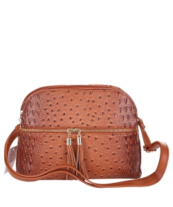 Ostrich Embossed Multi-Compartment Cross Body with Zip Tassel OS050 TAN